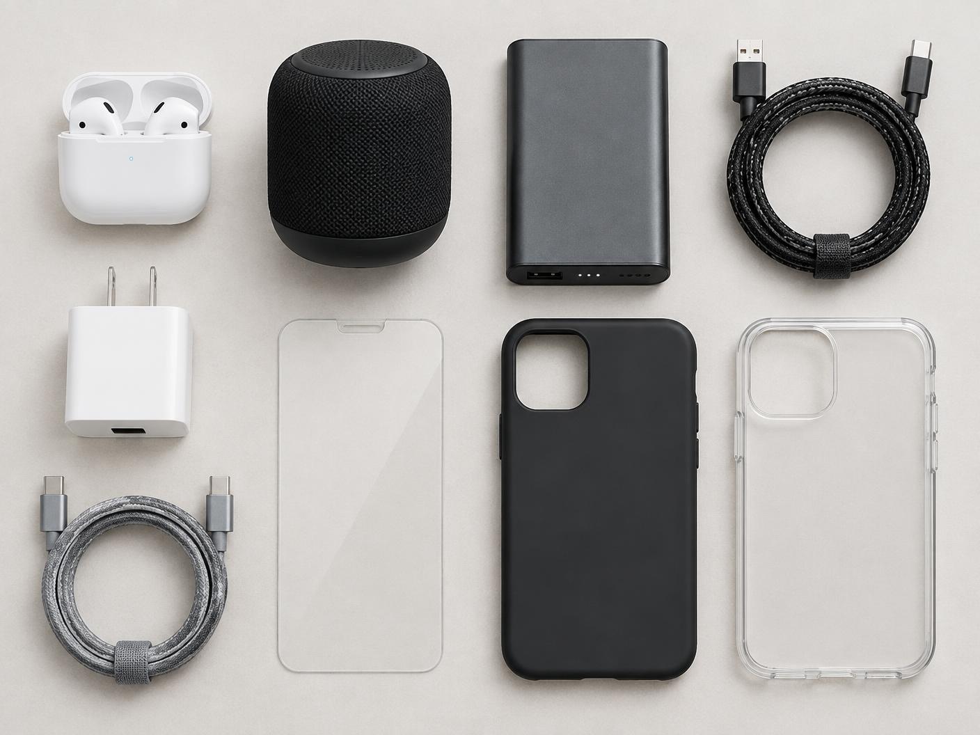 Phone accessories laid out: earbuds, speaker, power bank, cables, charger, cases
