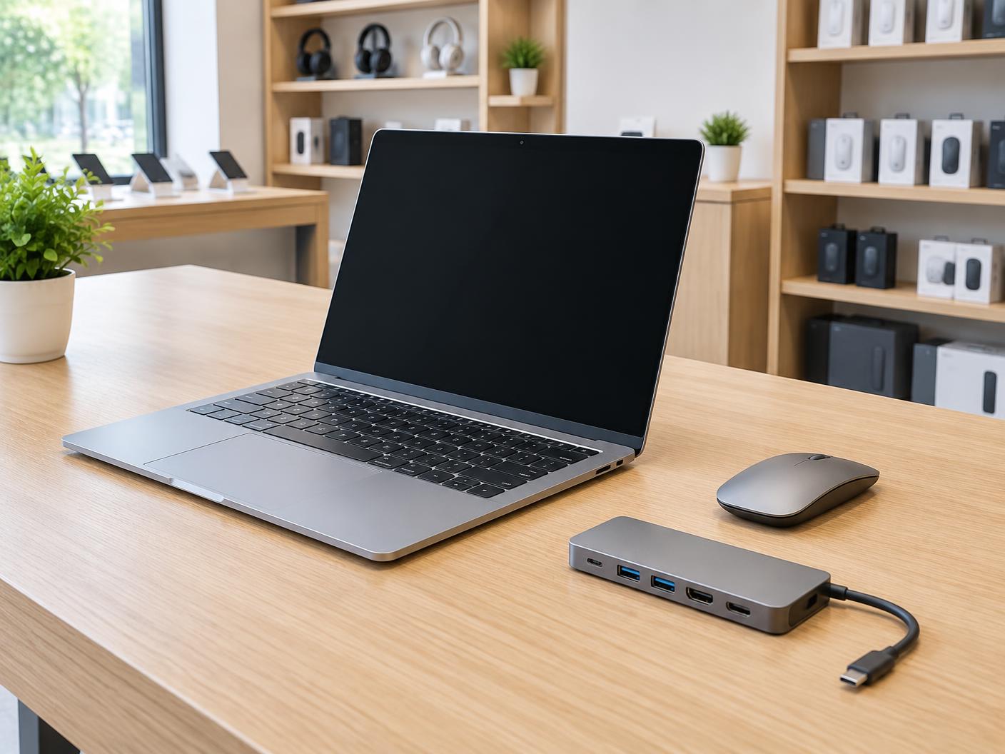 Laptop, mouse and USB hub on a shop counter