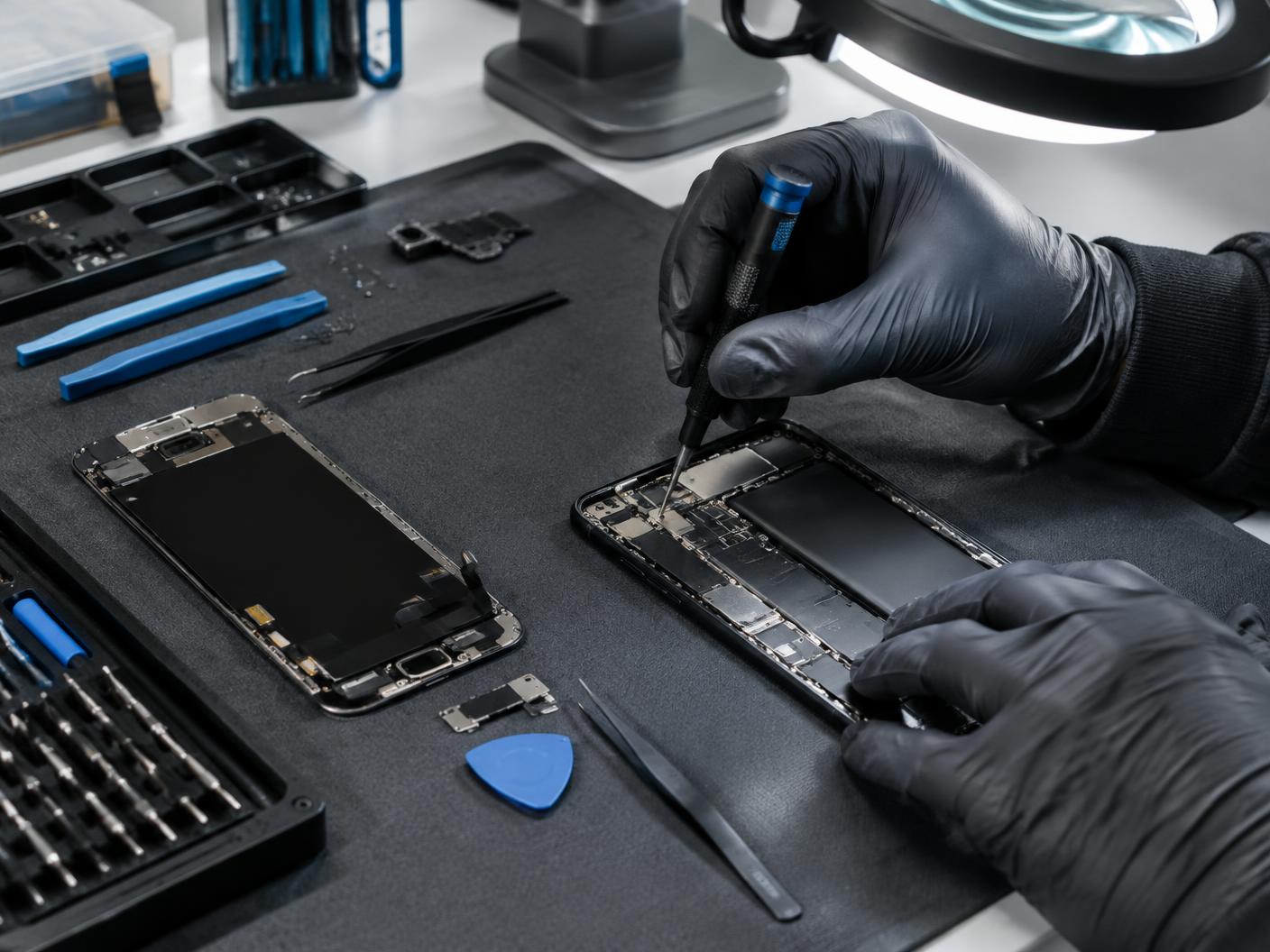 Technician repairing a smartphone at a clean workbench