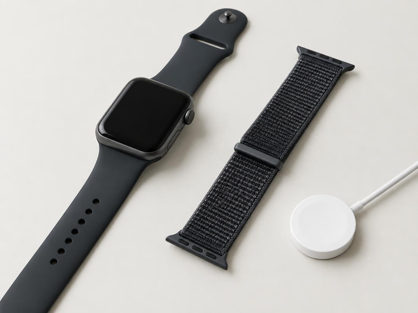 Smartwatch with spare band and charging puck